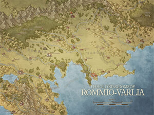 Regional fantasy map of Rommio-Varlia, showcasing old kingdoms, river valleys, and stronghold cities. Ideal for dynastic sagas, trade empire plots, or rediscovering fractured realms.