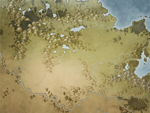 Fantasy map of a blank eastern continent with varied terrain. Designed for GMs and authors building their own lore-rich kingdoms, civilizations, and epic campaigns.