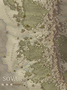 Fantasy regional map of South Sovar, featuring deep forests, winding rivers, and a towering mountain range. Ideal for wilderness exploration, frontier conflicts, or ranger-led expeditions.