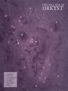 Storm-battered coastal village map of Orkyst, lit by eerie lights and windswept cliffs. Perfect for haunted village mysteries, coastal legends, or stormy seafaring adventures.