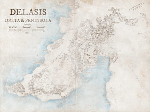 Fantasy map of Delasis, a coastal delta and peninsula filled with towns, rivers, and jungle growth. Great for naval campaigns, swamp mysteries, or lost relic hunts in deltaic terrain.