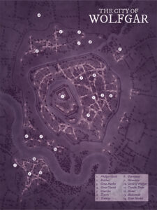 Night-themed map of Wolfgar, a fortified riverside city with markets, temples, and winding streets. Designed for heist missions, undead incursions, or night-born threats.