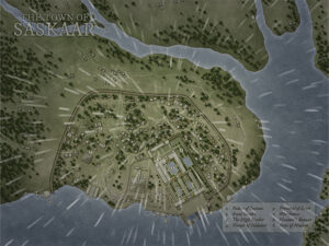 Fantasy town map of Saskaar with palaces, pyramids, sacred gardens, and river docks. Excellent for desert kingdoms, religious intrigue, or treasure-hunting campaigns.