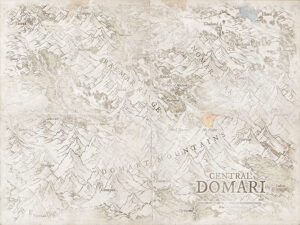 Fantasy regional map of Central Domari, featuring snow-capped peaks, treacherous valleys, and hidden mountain settlements. Perfect for alpine quests, ancient ruins, and highland conflicts.