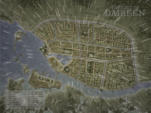 Fantasy port city map of Daireen during rainfall, with distinct districts, docks, and landmarks. Great for noir-style intrigue, seaborne trade, or rainy-day adventures in a bustling hub.
