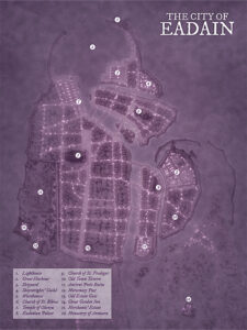 Noir-themed fantasy city map of Eadain, glowing with mysterious purple light. Ideal for shadowy politics, night markets, and secretive guild activity under the moonlit skyline.