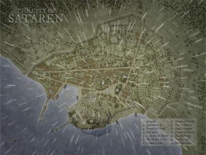 Coastal city map with acropolis, temples, and busy harbor, depicted under a downpour. Ideal for divine mysteries, political conflict, or war-torn urban settings.