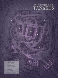 Moonlit map of the Temple of Tanakos, with glowing shrines and sacred architecture. Built for divine quests, arcane relic hunts, and moon-blessed mysteries.