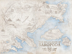 Antique-style fantasy map of Saropoda, depicting vast wilderness, hidden temples, and beast-filled jungles. Designed for ancient expeditions, survival campaigns, or tribal lore.