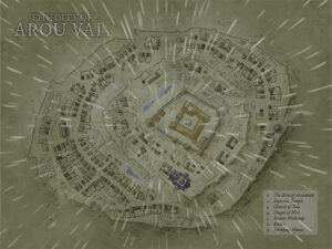 City map of Arou Val under stormy skies, showcasing circular walls, a central keep, and outer shrines. Great for imperial legacies, revolutionary plots, or divine confrontation.