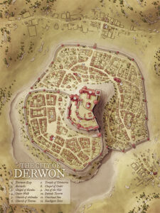 Hill-climbing fantasy city map of Derwon with tightly packed houses, defensive rings, and ancient temples. Ideal for tiered city adventures, noble rivalries, and siege campaigns.