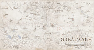 Expansive valley map showing mountain passes, rivers, and scattered strongholds. Designed for overland journeys, highland rebellions, or ancestral quests in a windswept region.