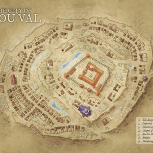Fantasy desert city of Arou Val with concentric walls, imperial temples, chapels, and water channels. Features the Keep of Arundette and Smiths’ Quarter—great for lore-rich city adventures or religious drama.
