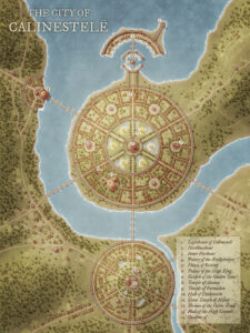 Intricate circular city by the water, split into noble rings and harbor quarters. Includes Gardens of the Golden Trees, Temple of Alaidan, and Palace of the High Council—perfect for high-magic political fantasy.