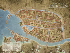Detailed city map of Daireen with fortified walls, canals, shipyards, temples, and noble quarters. The layout is ideal for urban exploration, seafaring adventures, and power struggles in a thriving riverport.