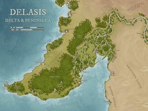 Lush map of the Delasis Delta and Peninsula, with tangled rivers, jungle regions, and coastal towns. Features temples and trade hubs—ideal for tropical adventures or treasure-seeking expeditions in uncharted lands.