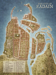 Fantasy port city map of Eadain with sprawling coastal districts, bustling harbours, and ancient ruins. Ideal for merchant adventures, political plots, and maritime intrigue.