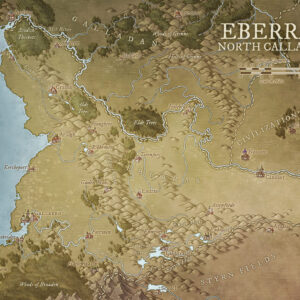 Expansive fantasy map of Eberras in North Callaern, featuring rivers, mountain passes, and ancient forts. Perfect for northern campaigns, wilderness patrols, and frontier kingdoms.