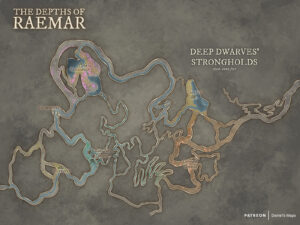 Underground fantasy map of the Deep Dwarves’ strongholds in Raemar. Great for subterranean quests, ancient kingdoms, and cavern-bound mysteries.