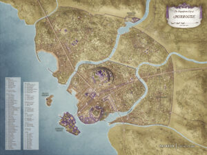 Intricate fantasy map of the magnificent city of Mirrouse, surrounded by waterways and bridges, featuring a central fortress and detailed urban districts, perfect for world building and storytelling on a magical realm.