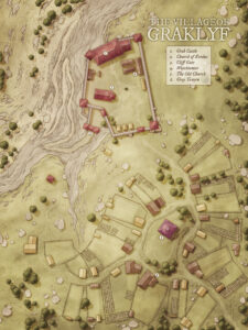 Daylight map of Graklyf, a quiet riverside village with stone castles, a church, and farmlands. Ideal for low-fantasy intros, mystery plots, or village under threat narratives in fantasy worldbuilding maps.