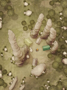 Fantasy battlemap of a unique campsite shaped like a hand, surrounded by monoliths and forest – perfect for wilderness encounters in TTRPGs.