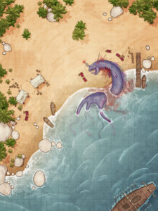 Coastal fantasy battlemap featuring a slain sea monster on the beach, nearby tents and boats – great for nautical or monster-hunting themed sessions.