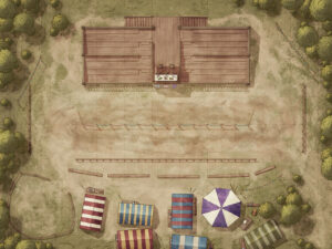 Tournament grounds map featuring a jousting arena, judges’ booth, colorful tents, and viewing areas – ideal for medieval-themed RPG settings and events.