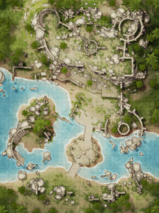 Fantasy battlemap of overgrown jungle ruins with broken stone walls, circular temple foundations, and turquoise river crossings – perfect for forgotten civilization or treasure hunt encounters.