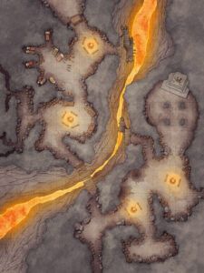 Fiery dungeon map showing a goblin settlement in a lava-filled cavern, with rope bridges, tribal camps, and ritual sites – ideal for dangerous underground encounters.