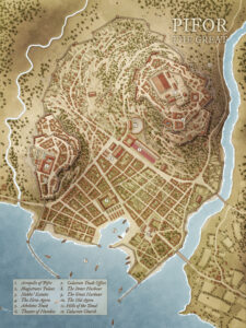 Fantasy city map of Pifor the Great, featuring the Acropolis, Calseran Church, noble estates, and dual harbors. Ideal for epic urban adventures, ancient politics, and high fantasy storytelling in a structured, classical setting.