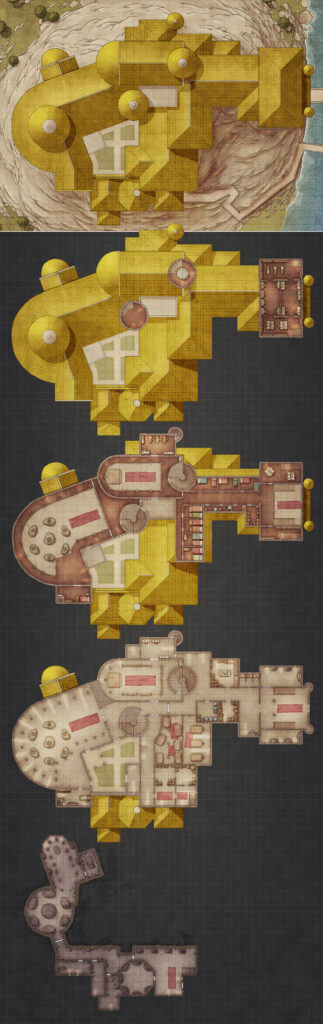 Vertical fantasy floorplan of the Monastery of Porrengau showing detailed top-down layers from exterior rooftops to inner halls, dormitories, chapels, and secret underground tunnels – ideal for dungeon crawls and exploration-focused RPG sessions.