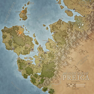 Fantasy world map showing the fractured coastlines of Preica, detailed with temples, ruins, scattered islands, and mountain ranges – ideal for political intrigue or seafaring RPG campaigns.