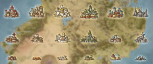 Set of illustrated fantasy city and village tokens for map-making, including medieval castles, desert palaces, jungle temples, and ruined fortresses – perfect for custom RPG or worldbuilding maps.