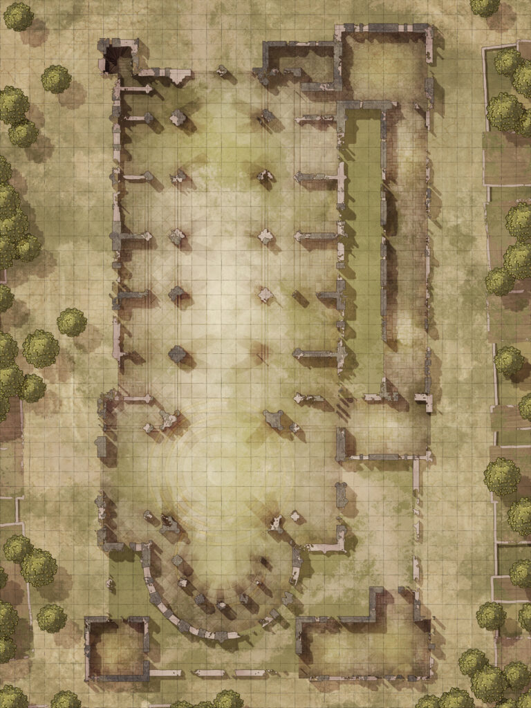 Top-down map of a crumbling cathedral surrounded by forest paths and ruined chambers, perfect for haunted encounters, exploration, or combat scenes in fantasy tabletop games.