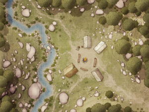 Fantasy battlemap of a peaceful forest campsite near a winding stream, with tents and a campfire setup – great for ambushes, NPC rest stops, or nature-focused roleplay.