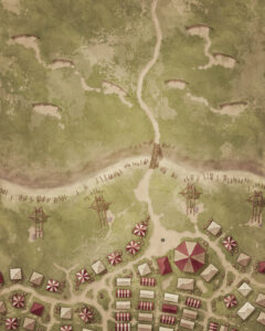 Fantasy siege camp map with defensive barricades, watchtowers, and rows of tents near a forested battlefield – ideal for war scenarios in tabletop RPGs.