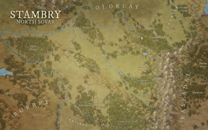 Expansive fantasy map of Stambry in North Sovar with labeled regions, rivers, ruins, and mountain ranges – great for exploration-heavy RPG campaigns.
