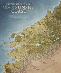 Fantasy map of the Sunset Coast in Southern Callaern showing coastal cities, forests, and ancient tombs – ideal for seafaring and borderland adventures.