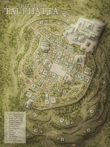 Fantasy city map of Talehatta built in jungle terraces with temples, libraries, and bathhouses – rich setting for mystic or lost civilization campaigns.