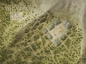 Fantasy settlement map of Volatza, featuring a grand stepped temple complex, forest surroundings, and residential clusters – excellent for jungle or ancient civilization settings.