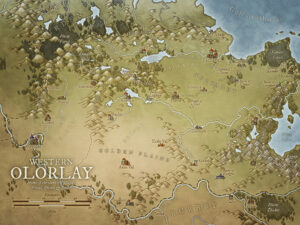 Detailed fantasy map of Western Olorlay, featuring the Golden Plains, mountain fortresses, and the Gulf of Olorlay. Rich with lore, ideal for nomadic campaigns, royal quests, or ancient clan conflicts.