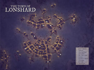 Enchanted night map of Lonshard, a town scattered across islets connected by piers. Landmarks like the Ferryman’s Tavern and Haunters’ Isle set a mysterious, eerie tone for magical or haunted fantasy quests.