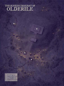 Mysterious night map of the Sunken Ziggurat of Olderile. Surrounded by forested terrain and glowing settlements, landmarks like the Thirteen Eyed House make this ideal for dark lore and ancient magic campaigns.