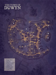 Mystical nighttime town map of Duwyn, lit by golden glows from buildings like Duwyn Manor, the Dusty Drebel, and Swamp Docks. A moody, story-driven fantasy card ideal for mystery or intrigue-based adventures.