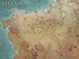Expansive fantasy realm of Galladan, bordered by mountains, rivers, and forested valleys. Key locations include Clan territories, hidden ruins, and cultural hubs—great for tracking clan politics or wilderness journeys.