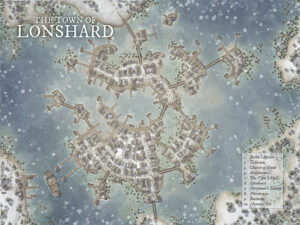 Snow-covered fantasy town of Lonshard, built on piers over a frozen lake. Features include the Ferryman’s Tavern, Baron’s Manor, and Haunter’s Isle—ideal for cold-weather adventures and eerie lakeside tales.