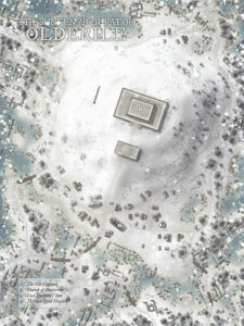 Icy version of the haunted site of Olderile, showcasing the ancient ziggurat buried in snow. Surrounded by cult houses and frozen woods—perfect for winter-bound expeditions into lost magical lore.