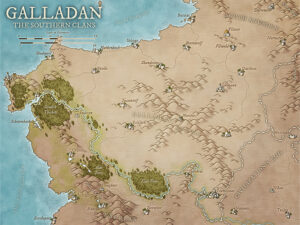 Southern fantasy realm of Galladan with scattered hill forts, rivers, tribal territories, and borderland wilds. Perfect for clan-based storytelling, uprisings, or regional conquest campaigns in high fantasy worlds.