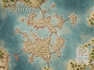 Tropical map of Lonshard, a seaside town built on stilts and piers across turquoise waters. Great for pirate hideouts, smuggler dens, or tropical mystery adventures.